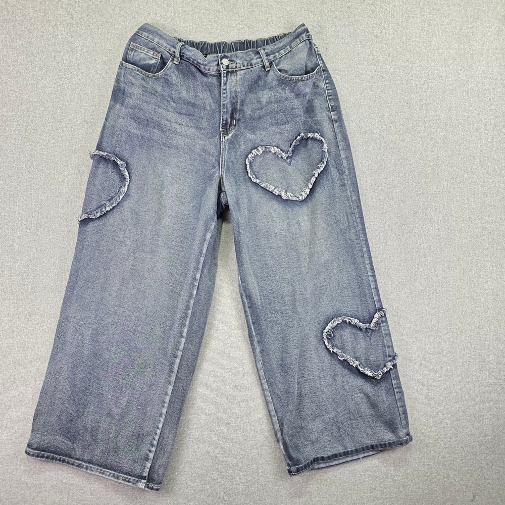 Womens 2XL Barrel Leg Heart Patch Wide Leg Jeans Blue Denim Y2K